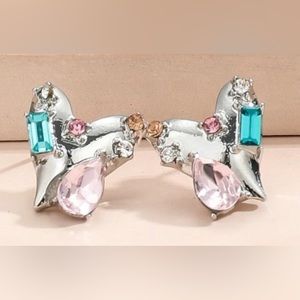 “Teardrop Heart” Pastel Crystal Rhinestone Gemstone Encrusted Silver Post Studs
